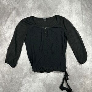 Lucky Brand Black Eyelet Swiss Dot Peasant Blouse M Sheer Side Tie Top Boho Chic